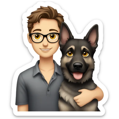 a pretty girl, sweet with brown hair and brown eyes with a handsome boy with brown hair, black thin stylish glasses and (grey eyes) hugging the grey german shepherd (yellow eyes) sticker