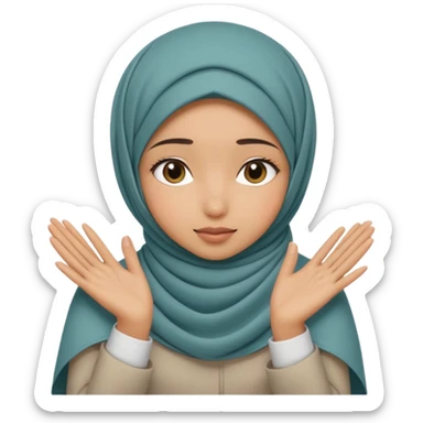 Hijabi girl sitting.     head covered
hands pulling the fabric in
shy-but-dramatic energy
“no cameras pls” but in a cute way
soft + mysterious vibe sticker