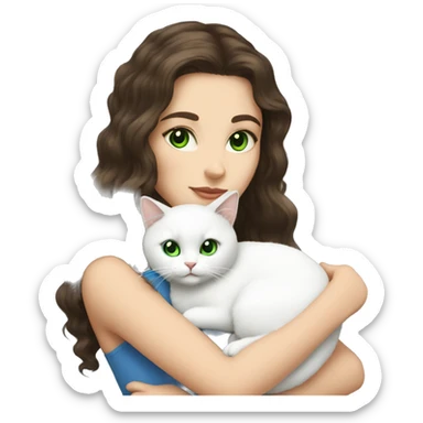 brunette with green eyes holds a white fluffy cat with blue eyes sticker