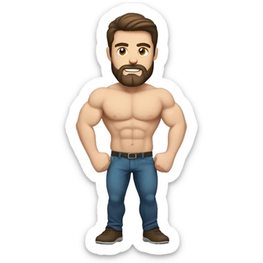 White man with dark brown hair and beard flexing his muscle sticker
