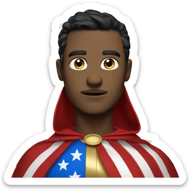 Emoji of Homelander from ‘The Boys’ series. USA flag-inspired costume with cape (red, blue, white). Confident, slightly menacing expression. sticker
