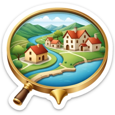 An icon featuring a magnifying glass over a local map, with a small village, traditional house, and natural landmarks like a river and hill, symbolizing local history and geography. Transparent background highlights the study of native land, culture, and heritage. sticker