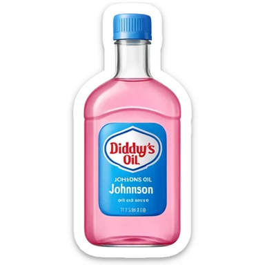 bottle of oil blue top pink outside with logo that says Diddys Oil Johnson and Johnson bottle  sticker