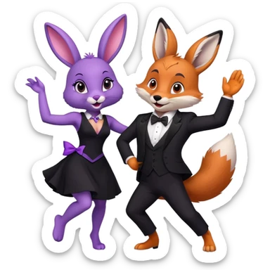 Purple bunny in a black dress and fox in a black suit dancing  sticker