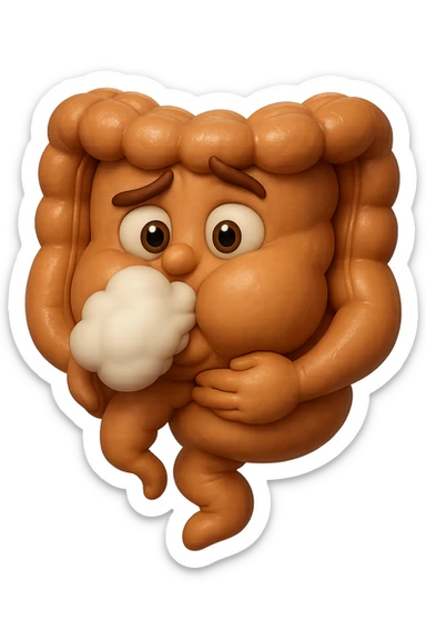 emoji stile iphone di un intestino che ingoia una nuvoletta di aria ben visibile e gli si gonfia la pancia, iperrealistico 4k sticker