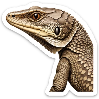 Cinematic Noble brown camo spotted monitor Lizard Portrait Emoji, Poised and regal, with a robust, scaled body exhibiting striking, mottled patterns and piercing, alert eyes, Simplified yet sharp and sophisticated features, highly detailed, glowing with a soft, earthy glow, high shine, intelligent and formidable, stylized with an air of ancient wilderness, focused and commanding, soft glowing outline, capturing the essence of a watchful and confident reptilian guardian that appears ready to stride out of the screen with effortless authority! sticker