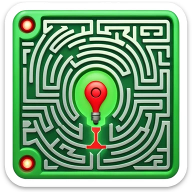 Create a realistic emoji of a maze with different patterns in red which show the wrong way and one way which shows the right way across the maze in green. The maze looks like its programmed with some electric, electronic features sticker