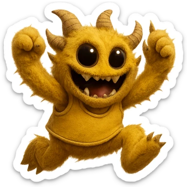 Make this yellow athletic mascot look more grown up and cooler, less like a person and more like a monster, keep the soft fuzzy texture and big eyes, jumping with excitement, with no background. Maintain the yellow color and soft fuzzy texture with big eyes, emphasizing a monster-like excited character jumping with excitement. sticker