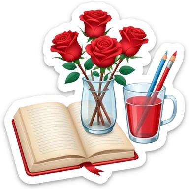 crear pizarra con libros a un lado, cuadernos, lapices, creyones, un vaso de cristal con rosas rojas, estilo vector sticker