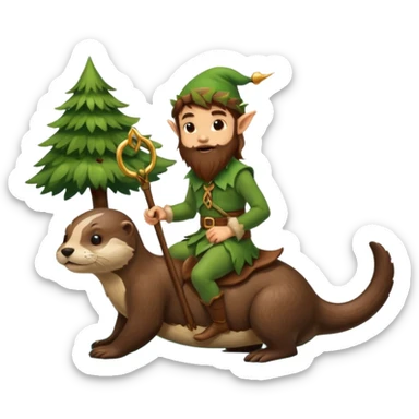 tiny forest elf man long brown hair beard riding an otter sticker