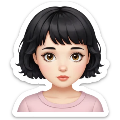 Gorgeous french woman short french haircut tousled wavy hair short straight across baby bangs black hair Amelie Beautiful Blushing Petite Girl with beautiful hair aesthetic sticker