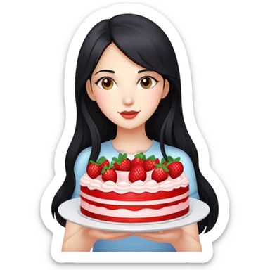 Beautiful girl with long black hair holding a strawberry cake sticker