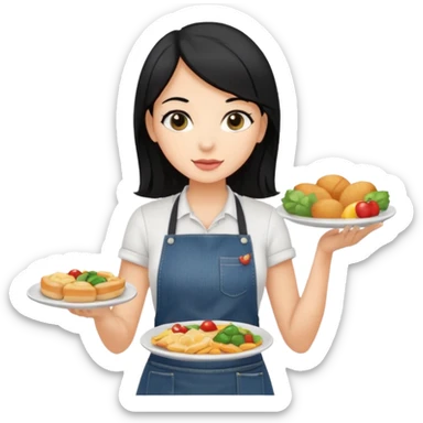 waitress with black hair and a food plate with a black tshirt and ª jeans apron sticker