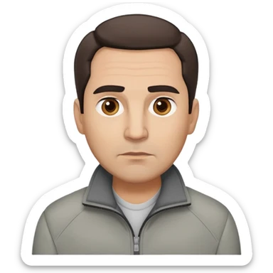 Hispanic actor in his 50s with light skin, round face, wide jaw. Lively brown eyes, thick eyebrows. Short brown hair with receding hairline. Neutral-serious expression. Wearing a casual gray jacket. sticker