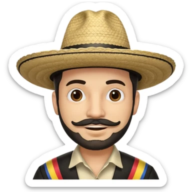 A happy fair skinned Colombian man with some facial hair wearing a black and beige stripped Colombian sombrero sticker