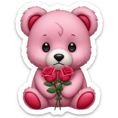 Cute pink teddy bear with sad puppy dog eyes holding roses  sticker