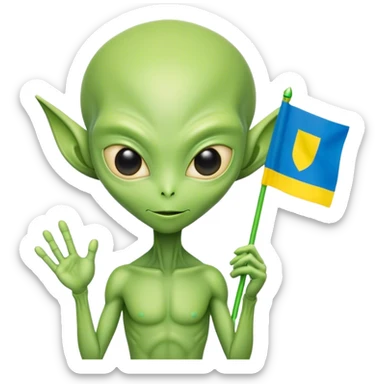 Green alien with Ukraine flag sticker