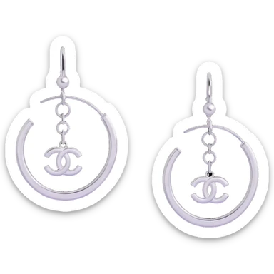 3D emoji-style hoop earrings with dangling silver Chanel logos, glossy and luxurious sticker