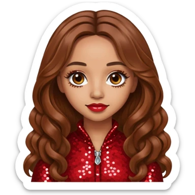 Jade Thirlwall from Little Mix with long brown hair, red sequin outfit sticker