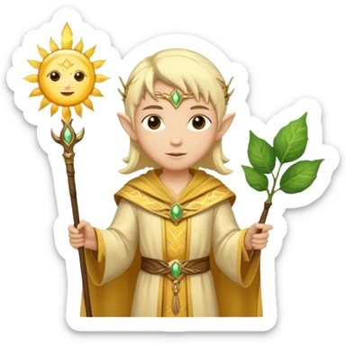 {
      "type": "human",
      "look": "light elf healer, golden robe, staff with leaf and sun motif",
      "description": "a light elf healer wearing a golden robe and holding a staff with leaf and sun symbols"
    } sticker