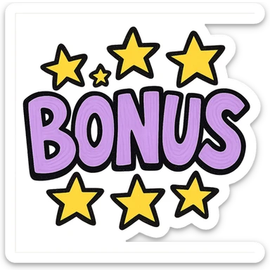 the word BONUS in large letters, all the same vibrant color, surrounded by stars, no background or sign behind, just the letters and stars, vibrant cartoon style QUIERO EXACTAMENTE IGUAL SOLO QUE LAS LETRAS DEBEN SER VIOLETA PASTEL Y LAS ESTRELLAS AMARILLAS sticker