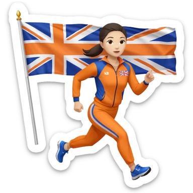 asian woman in orange sport suit and holding uk flag in one hand, running sticker