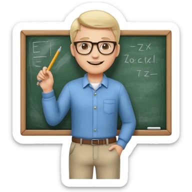 A cute and detailed emoji of a male teacher writing on a chalkboard. The teacher is smiling, wearing glasses, and dressed in a casual shirt and pants. He is holding a piece of chalk and writing something on the blackboard. sticker