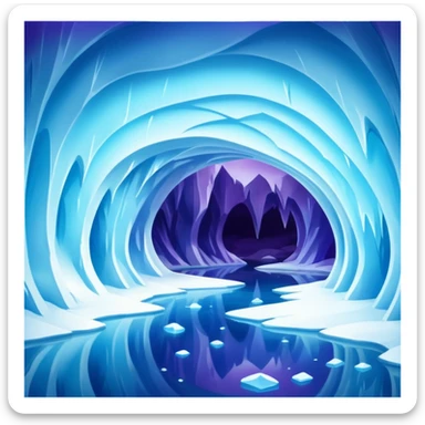 A breathtaking ice cave glowing with blue light, featuring smooth, curved walls made entirely of translucent ice. The interior reflects shimmering shades of blue and purple, with natural light filtering through the frozen surface. Realistic detail, cinematic lighting. sticker