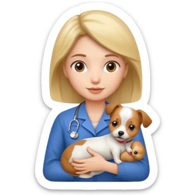 a woman vet holding a small dog sticker