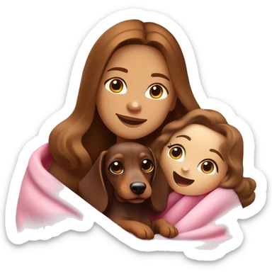 a white skinned woman with long brown hair is cradling her puppy in a pink baby blanket. the puppy is a brown dachshund dog. the woman is smiling with mouth ajar. you can see the woman cradling the puppy like a baby from her waist up.  sticker