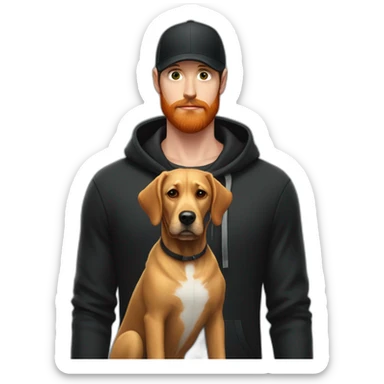 a handsome, slender man in a black cap and a hoodie with a hood worn over the cap, sporting a red beard, standing next to a black Labrador dog sticker