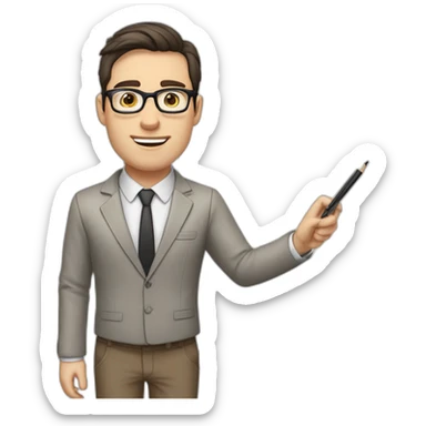 Pale skinned fit man with dark brown hair in gray jacket, beige office shirt, brown tie, brown pants and vintage glasses Writing text on a marker board sticker