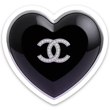 Remove the pearls, keep only the glossy black heart with a diamond accent and silver Chanel logo, elegant, black and white color scheme, keep the background transparent. sticker