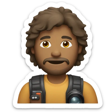brown guy with mullet and beard holding a photo camera sticker
