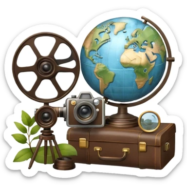 Icon for Documentary Film: A vintage movie poster style with a film reel, a camera, and a globe symbolizing exploration and knowledge. Include elements like a notebook, magnifying glass, and nature or historical visuals to evoke a sense of discovery. Transparent background. sticker