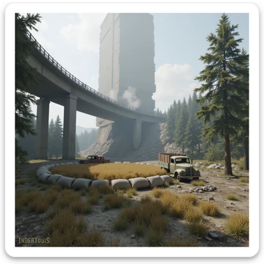  a screenshot of a location in a videogame  the image of the scene consists of: [a tall above-ground freeway collapsed], a wooded area, a small field of wheat, sandbag barricades. distant smoke. uneven terrain, derelict vintage work trucks, more distant smoke sticker