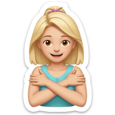Girl holding neck crossed arms laughing with a fun pointed to her head sticker