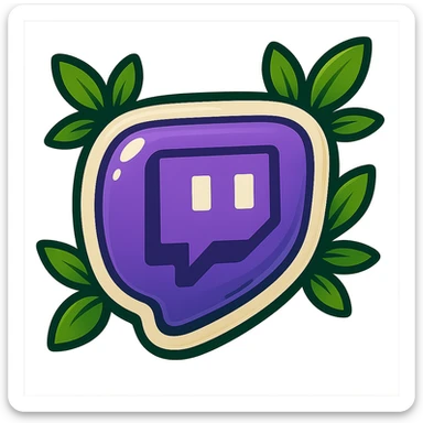 Replace the 'w' with a plump, rounded, cartoon-style Twitch logo. Maintain the same soft, puffy, glossy look with a bold outline, expressive shadows, and bright leaves around the logo. Ensure no sharp corners and no background. Match the reference style closely as shown in the provided image. sticker