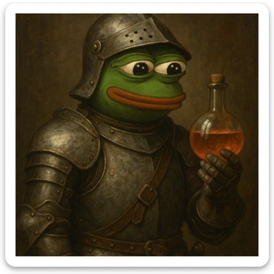 Пэпэ in a medieval armor, holding a potion bottle sticker