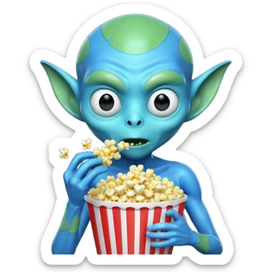 blue alien eating popcorn sticker