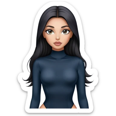 Glamours, tanned, very beautiful girl, with big pump peach-beige-rose lips, long long lashes, black straight smooth silky long hair, straight parting hair, blue-grey eyes in black long-sleeves bodysuit sticker