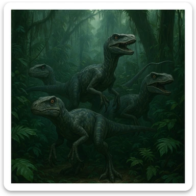 A group of velociraptors in a jungle setting, referencing Jurassic Park, suspenseful atmosphere, dynamic poses, dense foliage sticker