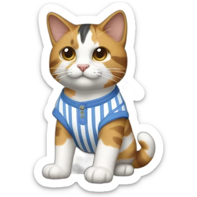 Purradise Meowscles is a buff calico cat  he has a mullet, a floral designed t shirt that is unbuttoned and blue and white stripped shorts sticker