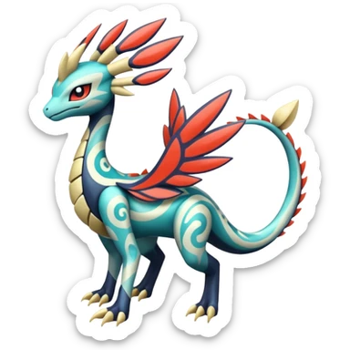 zig-zag-patterned tribal tropical hot swirl-marked Meloetta-Dialga-Salamence-Giratina-Noivern-Pokémon-Fakémon-fusion-hybrid-creature sticker