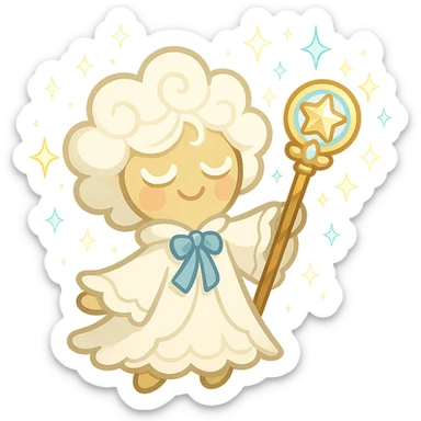 Eternal Sugar Cookie, Cookie Run Kingdom, holding a magical staff, sparkles, whimsical sticker