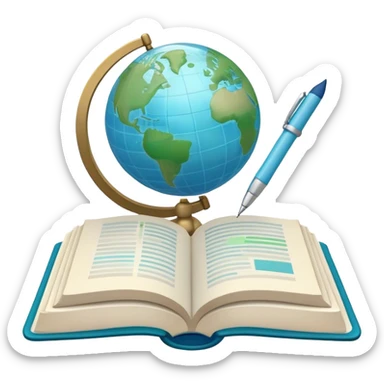 Create an emoji representing language translation. The design should feature a single globe in the background, symbolizing international communication. In front of the globe, place two opened books, with texts in it and a pen nearby to indicate the act of writing. Use a clean and professional color palette with blues, greens, and neutral tones. Do not include any emojis or smiley faces. Make the background transparent sticker