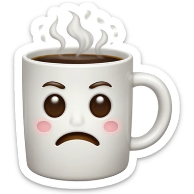 a cup of coffee in a white mug with a frown face, steam looks unpleasant sticker