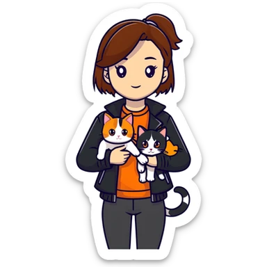 Light-skinned girl with brown straight hair wearing a black jacket, holding one pure white cat and one calico cat with orange black patches sticker