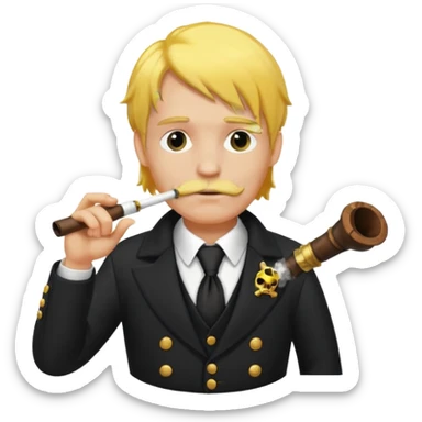 A man with yellow hair, in a black business suit, smoking a pirate pipe sticker