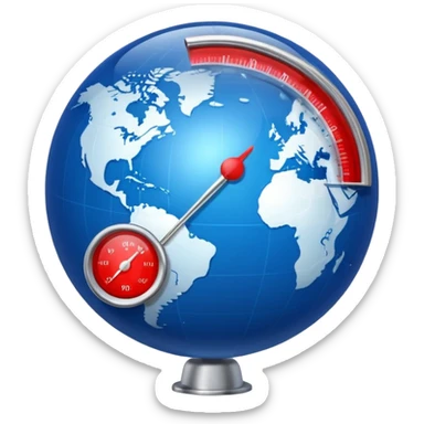 Blue Earth sphere, tilted. Prominent, oversized, fiery red thermometer/gauge, embedded. Indicator peaking 'danger' zone sticker